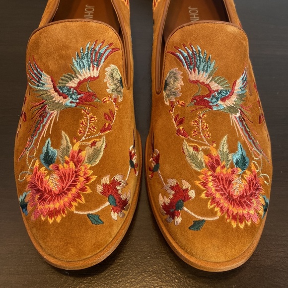 New Johnny Was Freja Embroidered Cognac Suede Leather Loafers Size 6 - Picture 6 of 16